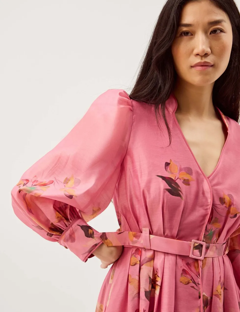 Floral V-Neck Belted Midi Waisted Dress