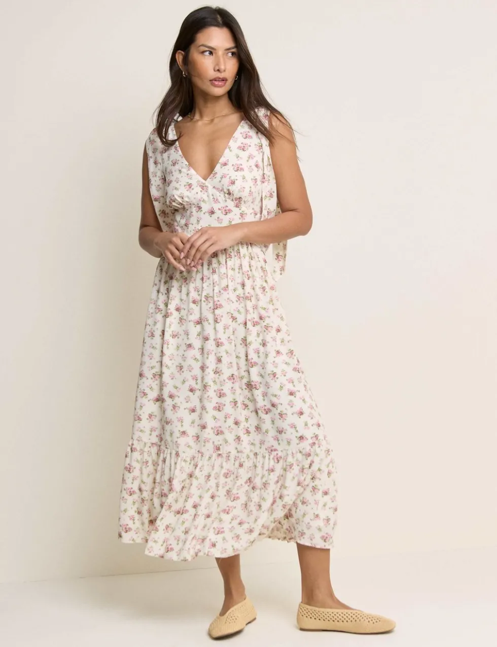 Floral V-Neck Bow Detail Midaxi Tiered Dress