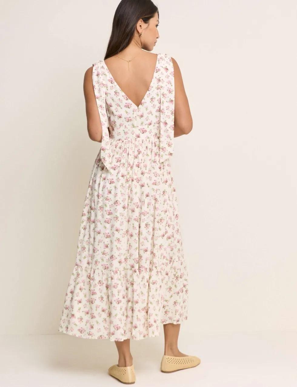Floral V-Neck Bow Detail Midaxi Tiered Dress