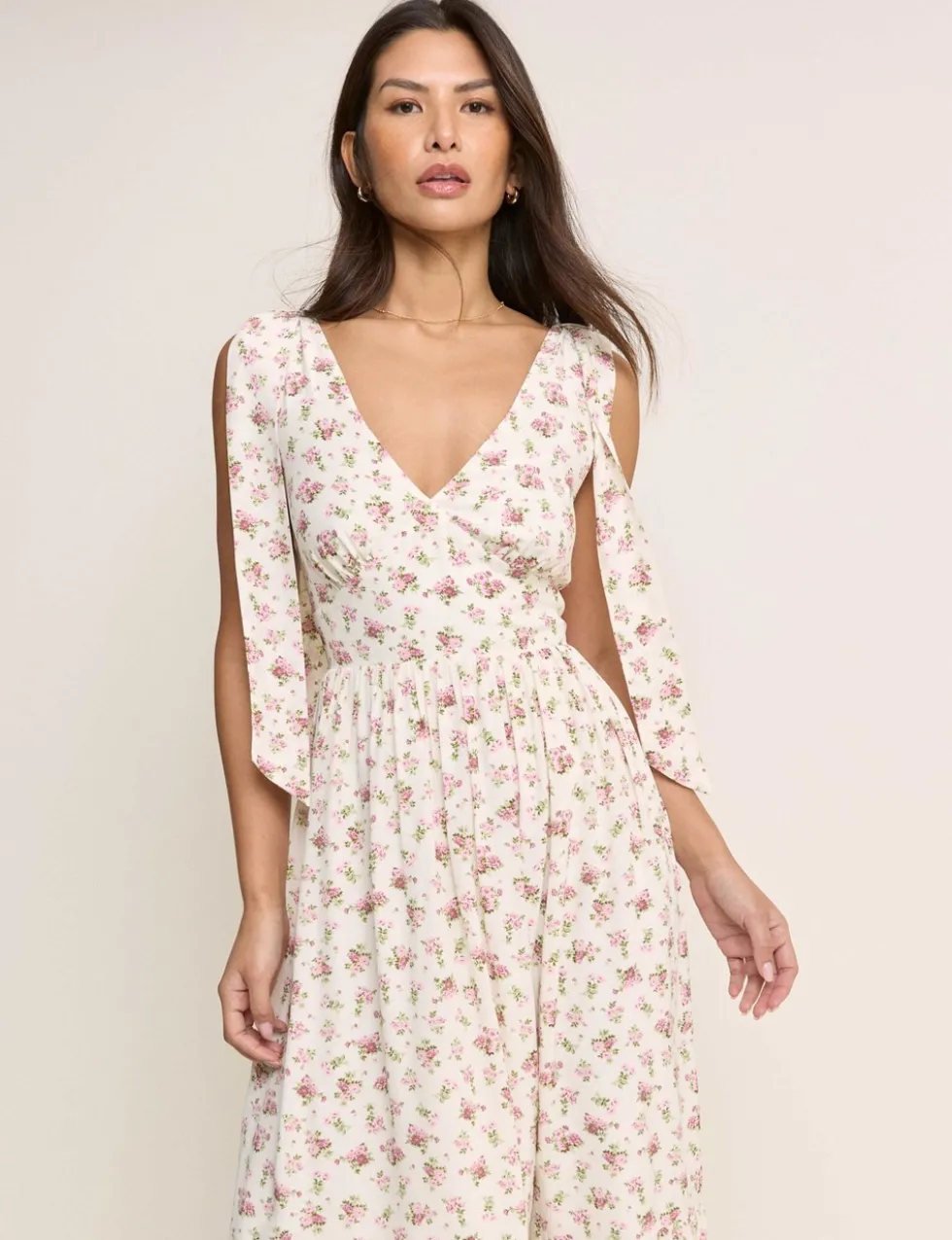 Floral V-Neck Bow Detail Midaxi Tiered Dress