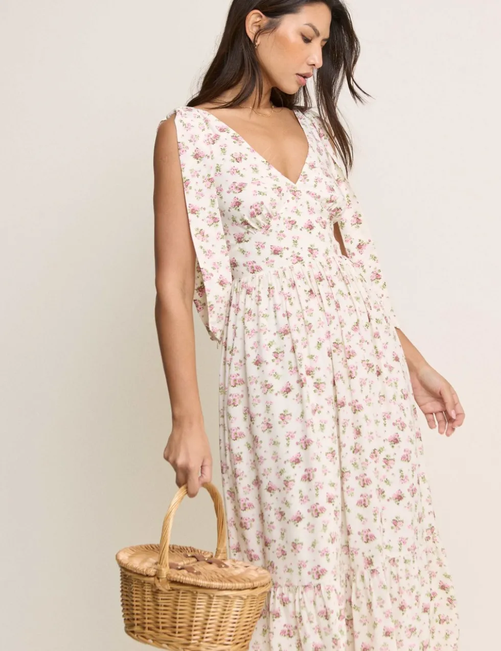 Floral V-Neck Bow Detail Midaxi Tiered Dress