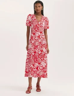 Floral V-Neck Button Through Midi Tea Dress