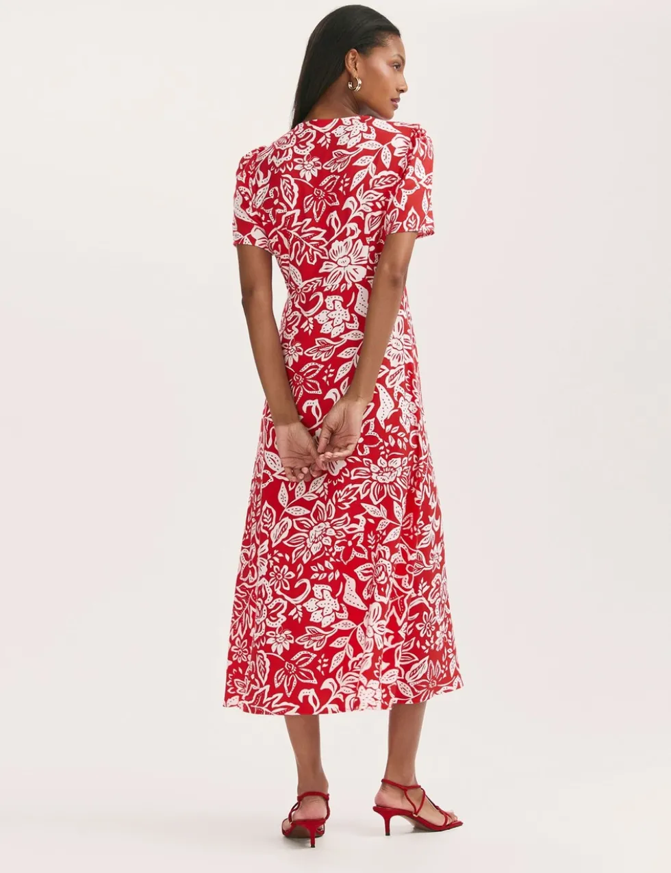 Floral V-Neck Button Through Midi Tea Dress