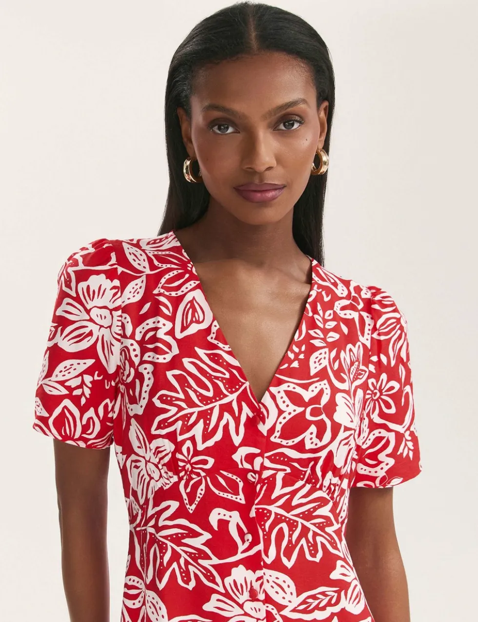 Floral V-Neck Button Through Midi Tea Dress