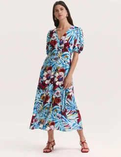 Floral V-Neck Button Through Midi Tea Dress