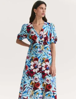 Floral V-Neck Button Through Midi Tea Dress