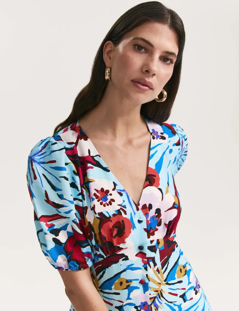 Floral V-Neck Button Through Midi Tea Dress