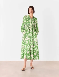 Floral V-Neck Button Through Midi Shirt Dress