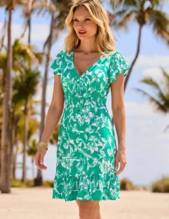 Floral V-Neck Knee Length Shirred Dress