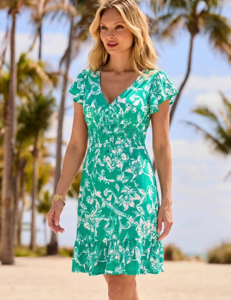 Floral V-Neck Knee Length Shirred Dress