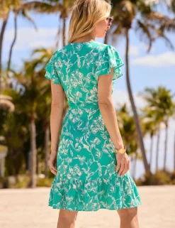 Floral V-Neck Knee Length Shirred Dress