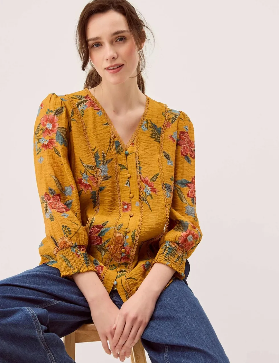 Floral V-Neck Lace Trim Blouse