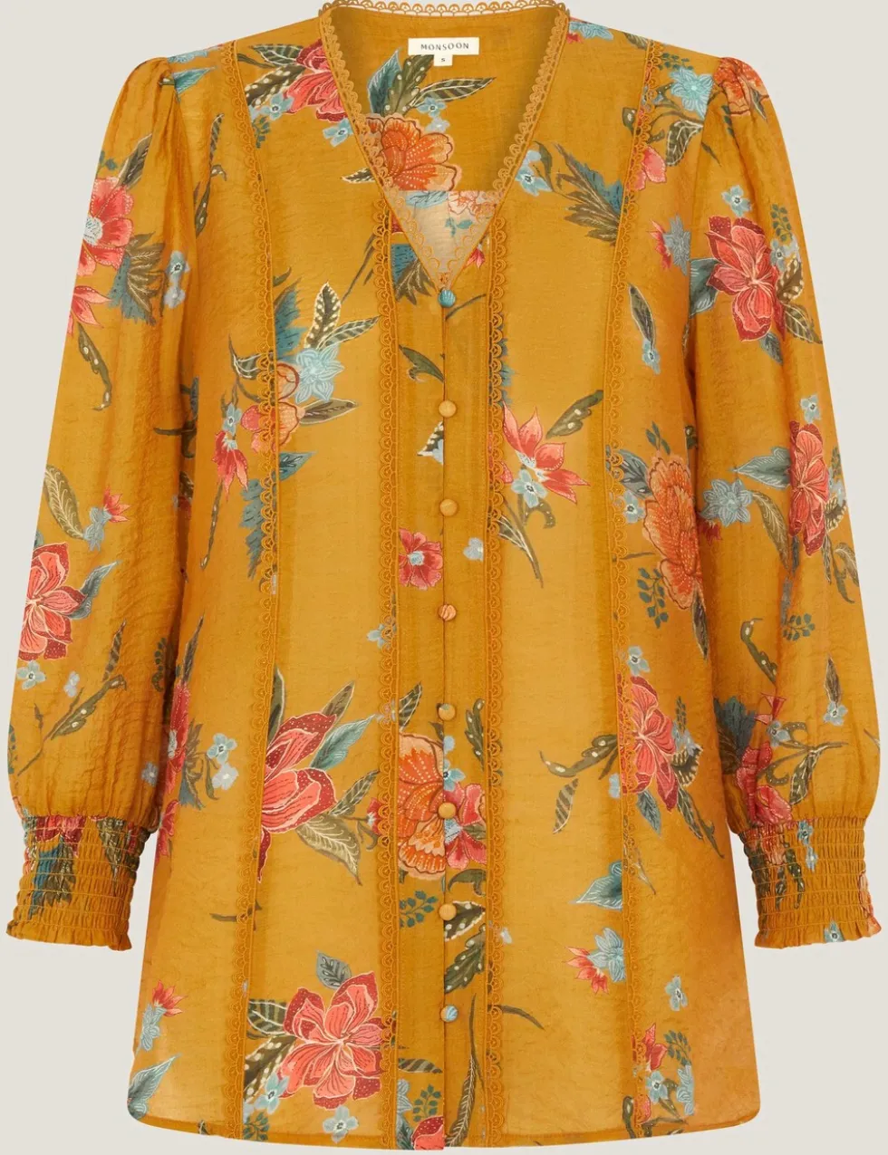 Floral V-Neck Lace Trim Blouse
