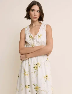 Floral V-Neck Lace Trim Midi Waisted Dress