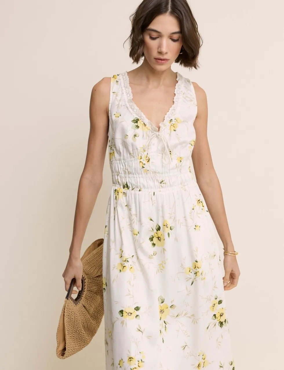 Floral V-Neck Lace Trim Midi Waisted Dress