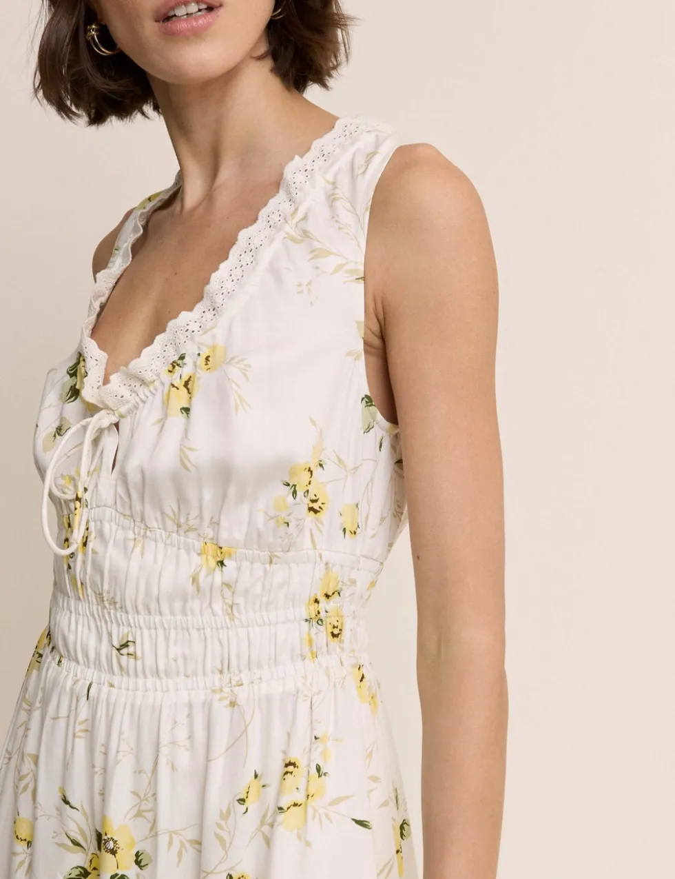 Floral V-Neck Lace Trim Midi Waisted Dress