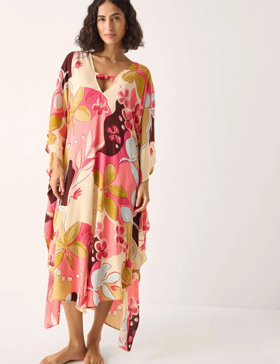 Floral V-Neck Midi Kaftan Dress