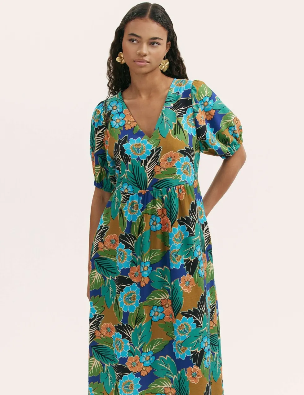 Floral V-Neck Midi Smock Dress