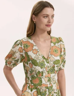Floral V-Neck Midi Tea Dress With Linen