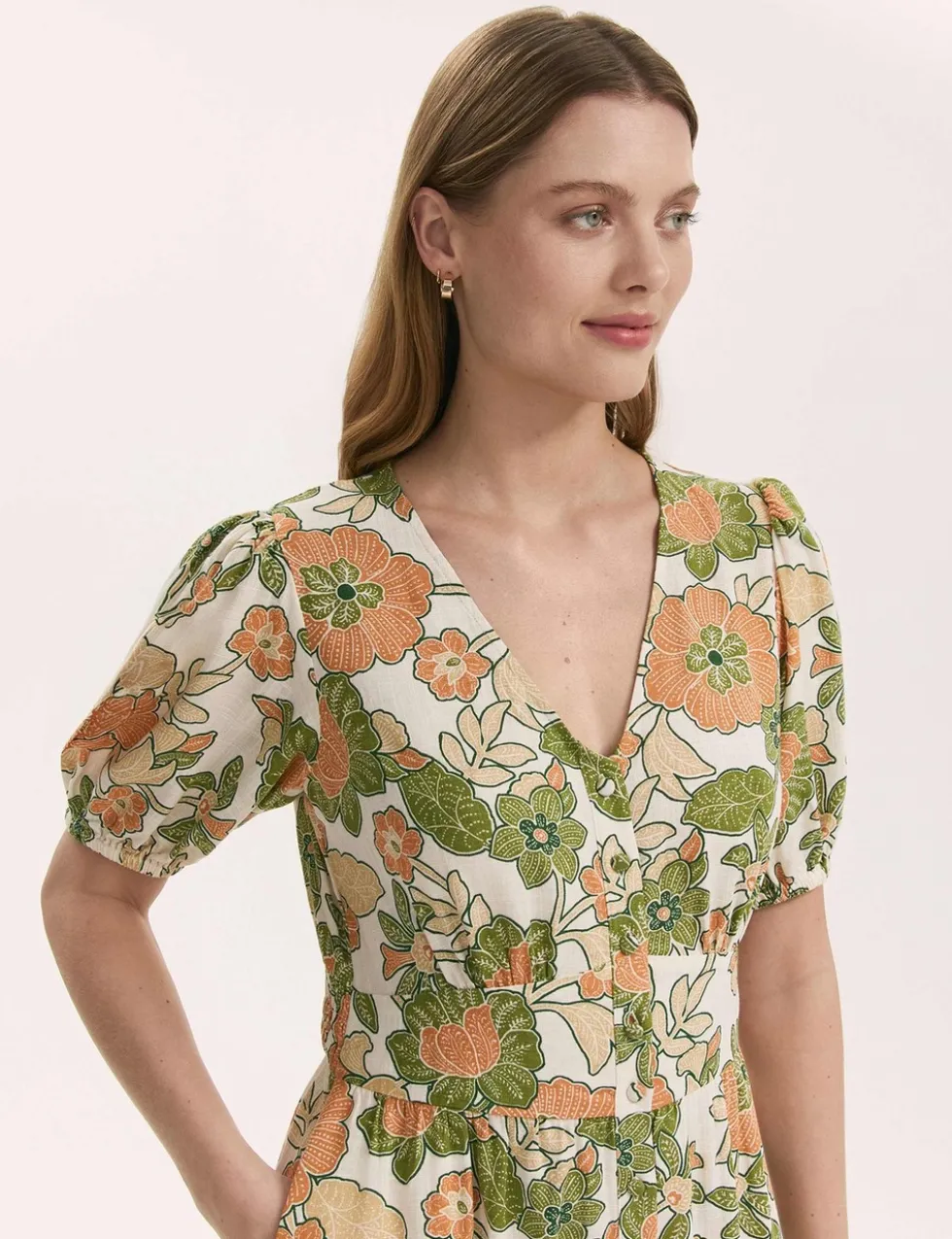 Floral V-Neck Midi Tea Dress With Linen