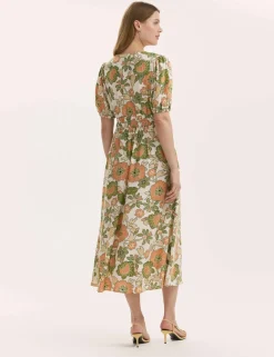 Floral V-Neck Midi Tea Dress With Linen