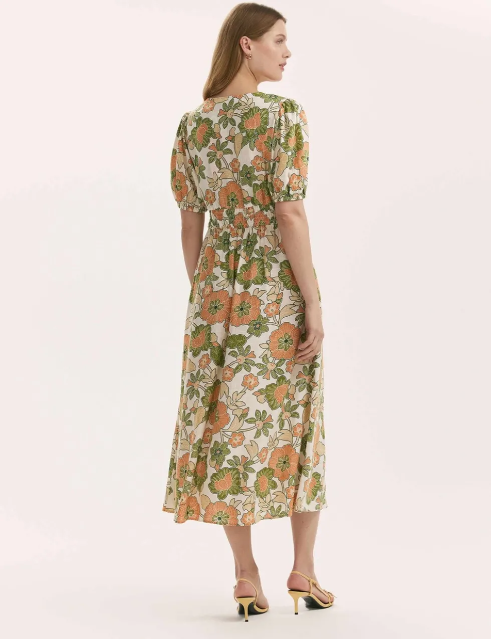 Floral V-Neck Midi Tea Dress With Linen
