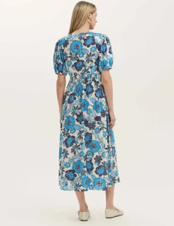Floral V-Neck Midi Tea Dress With Linen