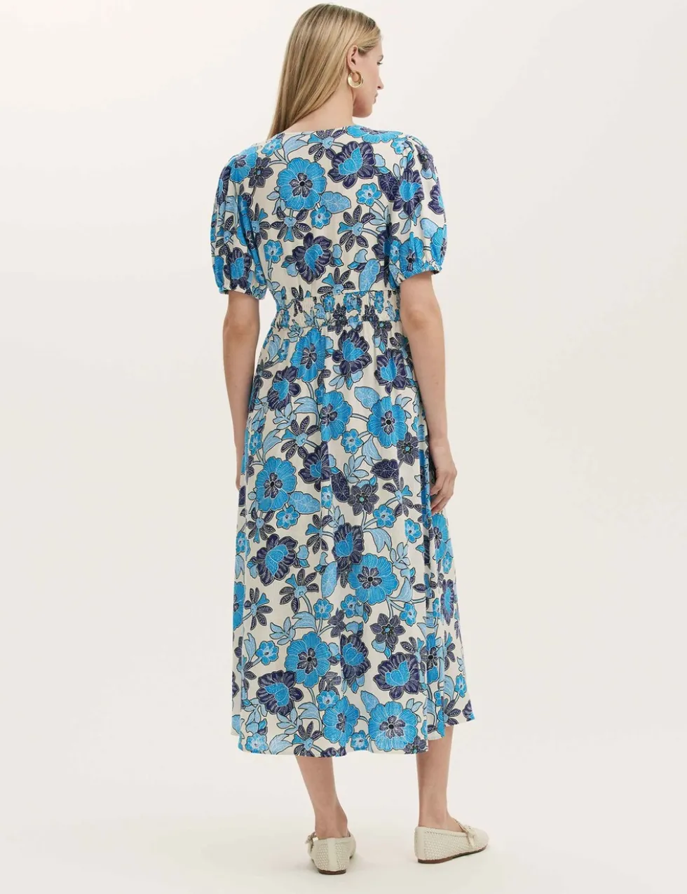 Floral V-Neck Midi Tea Dress With Linen