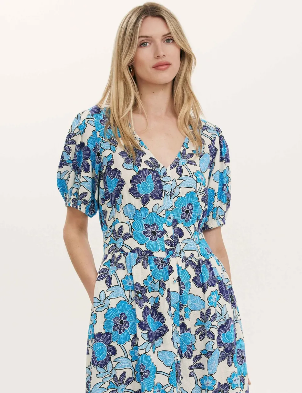 Floral V-Neck Midi Tea Dress With Linen