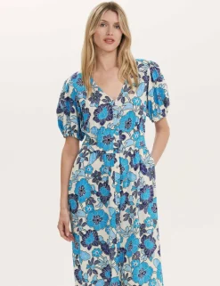 Floral V-Neck Midi Tea Dress With Linen