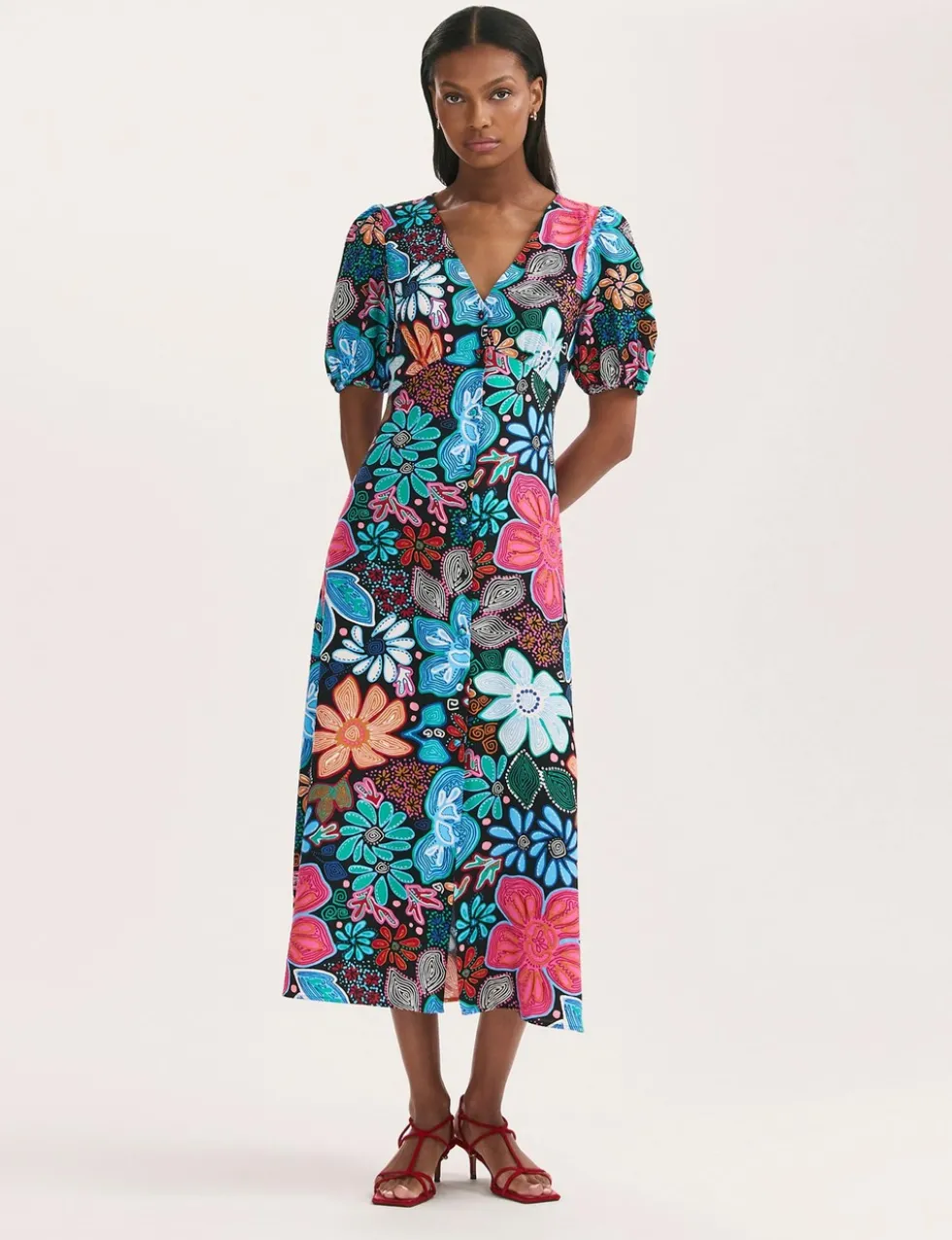 Floral V-Neck Midi Tea Dress