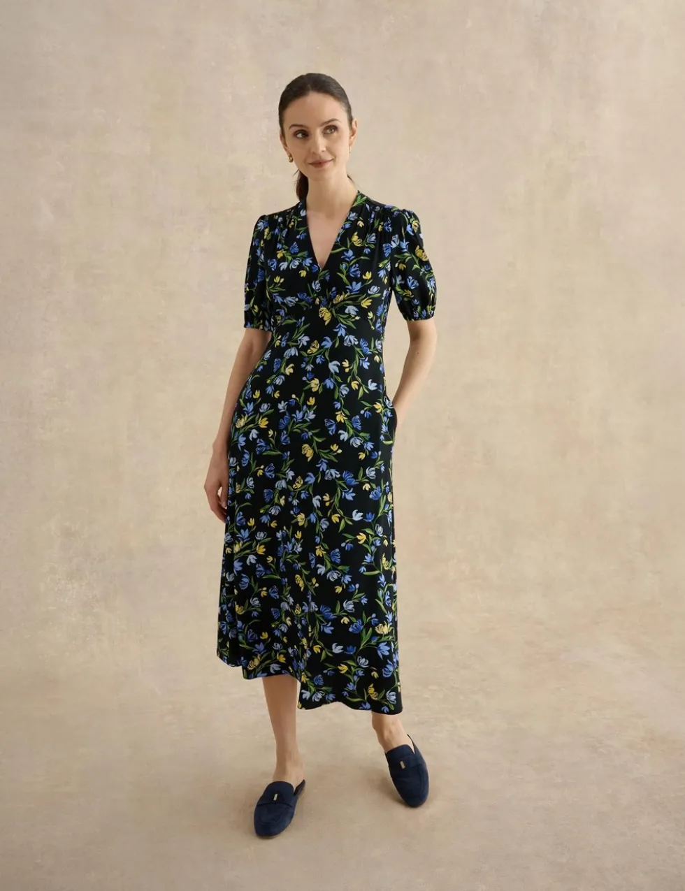 Floral V-Neck Midi Tea Dress