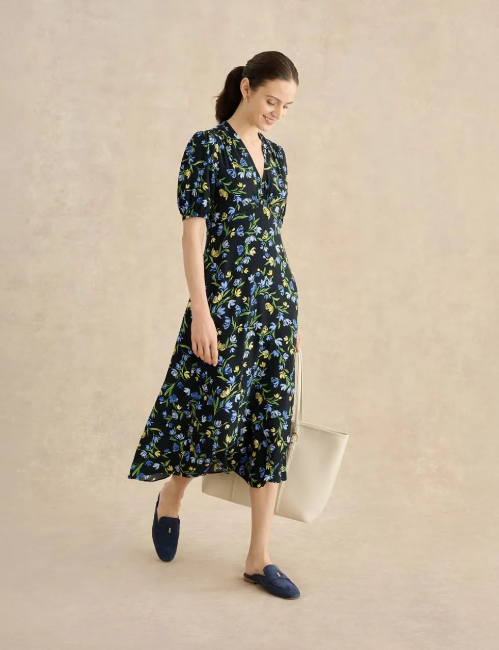 Floral V-Neck Midi Tea Dress