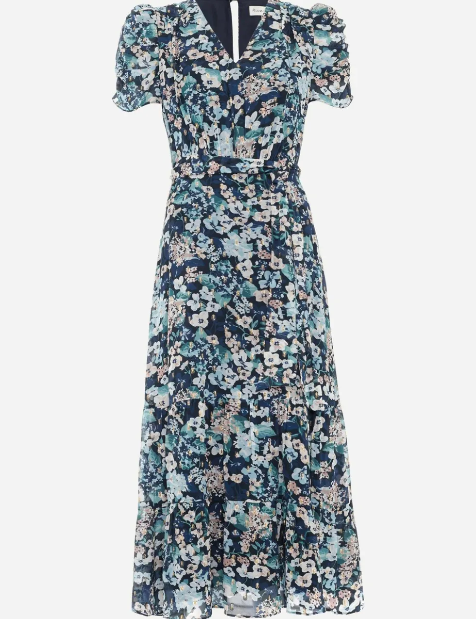 Floral V-Neck Midi Tiered Waisted Dress