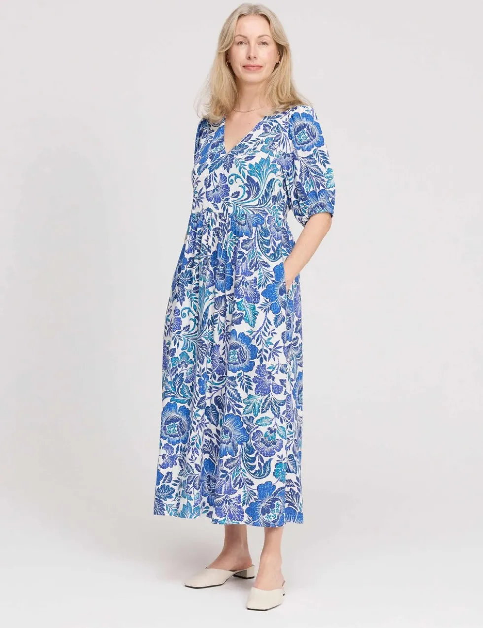 Floral V-Neck Midi Waisted Dress