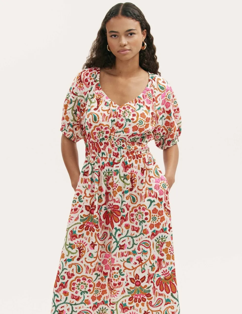 Floral V-Neck Midi Waisted Dress