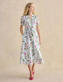 Floral V-Neck Midi Waisted Dress with Linen