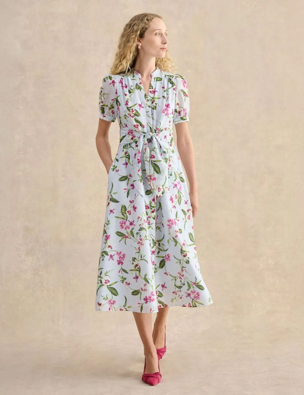 Floral V-Neck Midi Waisted Dress with Linen