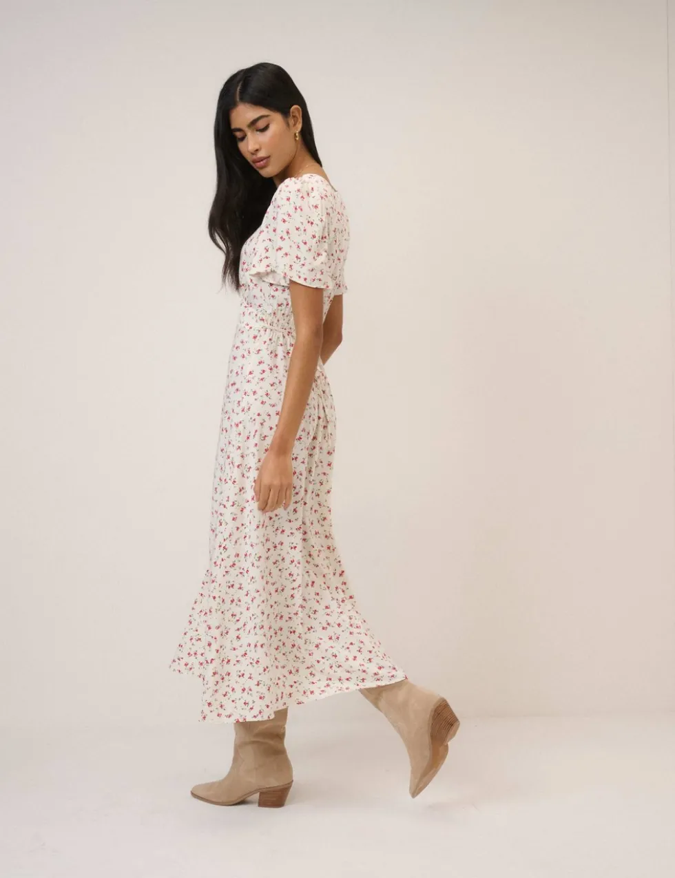Floral V-Neck Midi Waisted Tea Dress