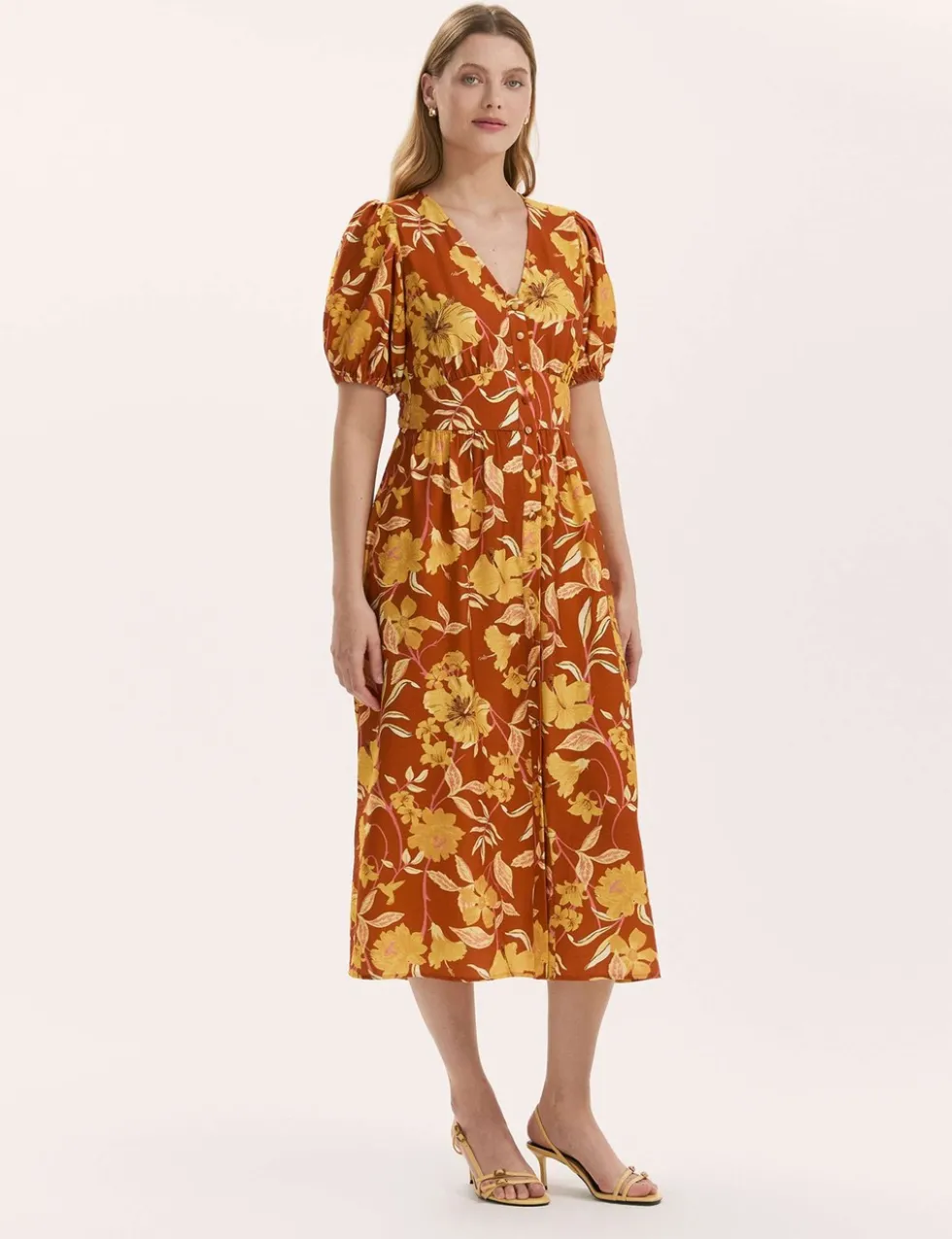 Floral V-Neck Midi Waisted Dress