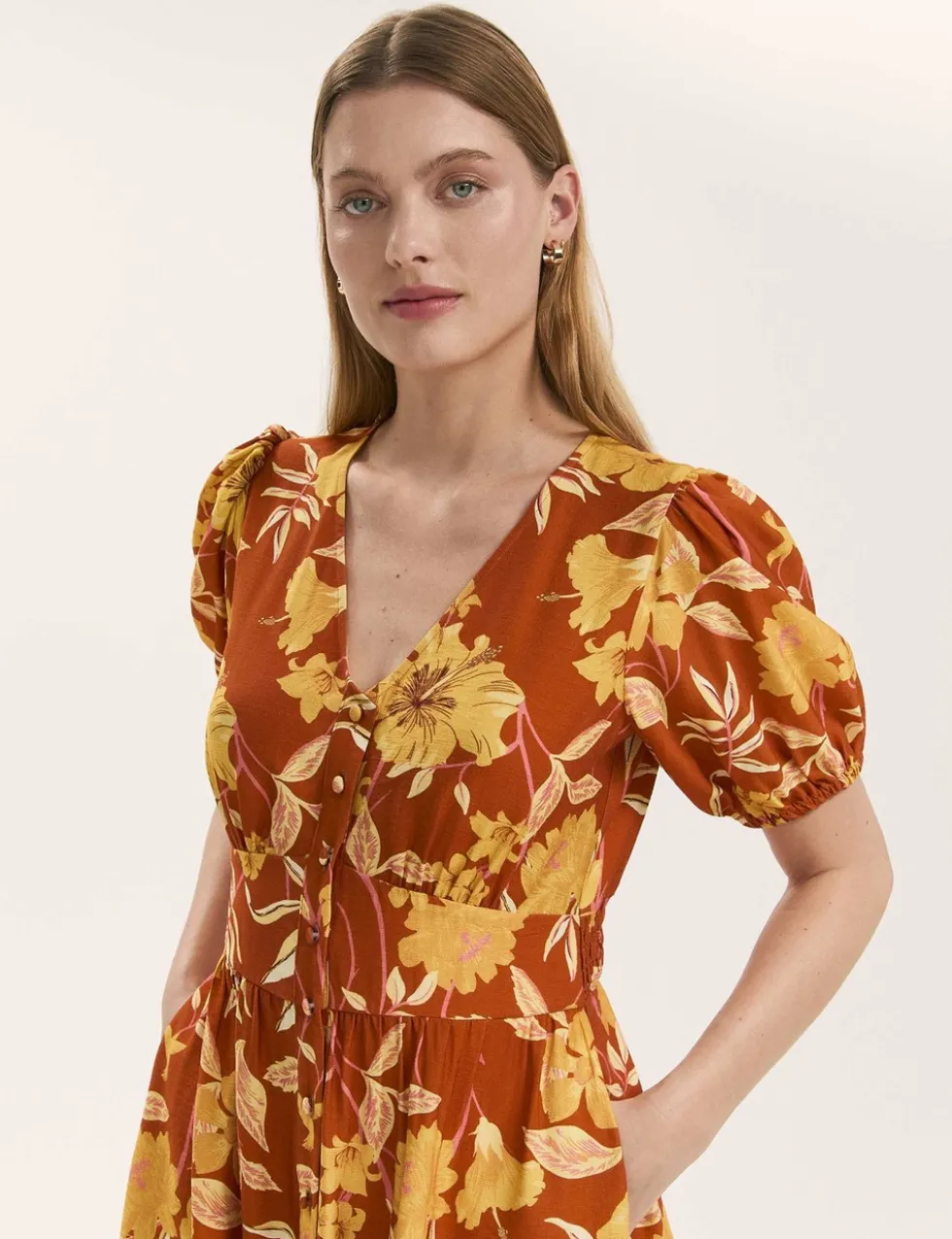 Floral V-Neck Midi Waisted Dress
