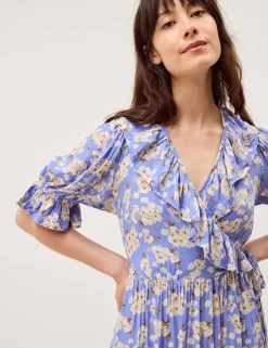 Floral V-Neck Midi Wrap Dress