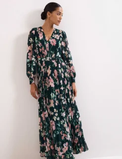Floral V-Neck Pleated Maxi Tea Dress