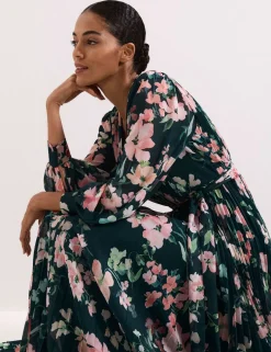 Floral V-Neck Pleated Maxi Tea Dress