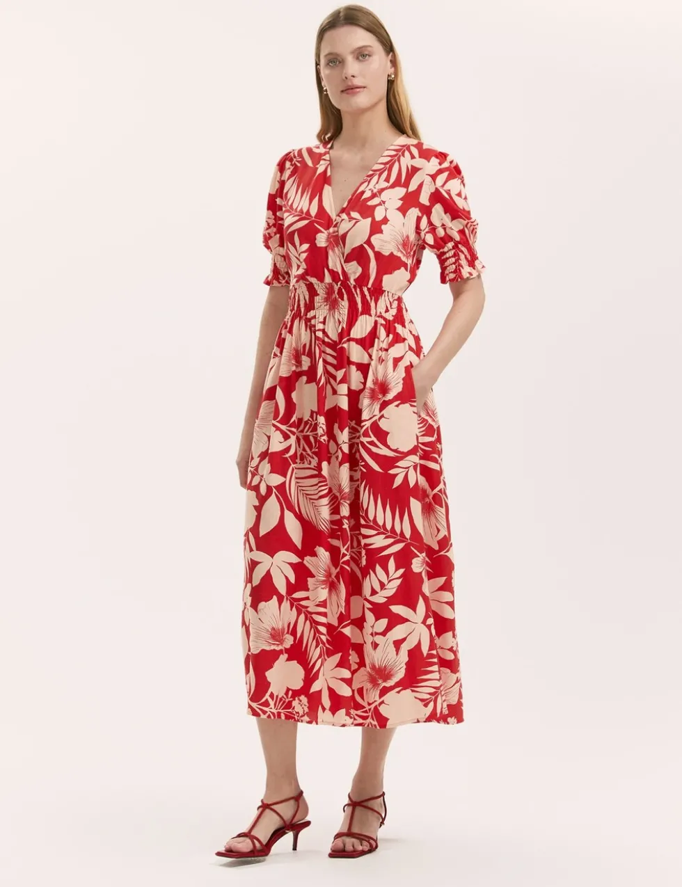Floral V-Neck Puff Sleeve Midi Waisted Dress
