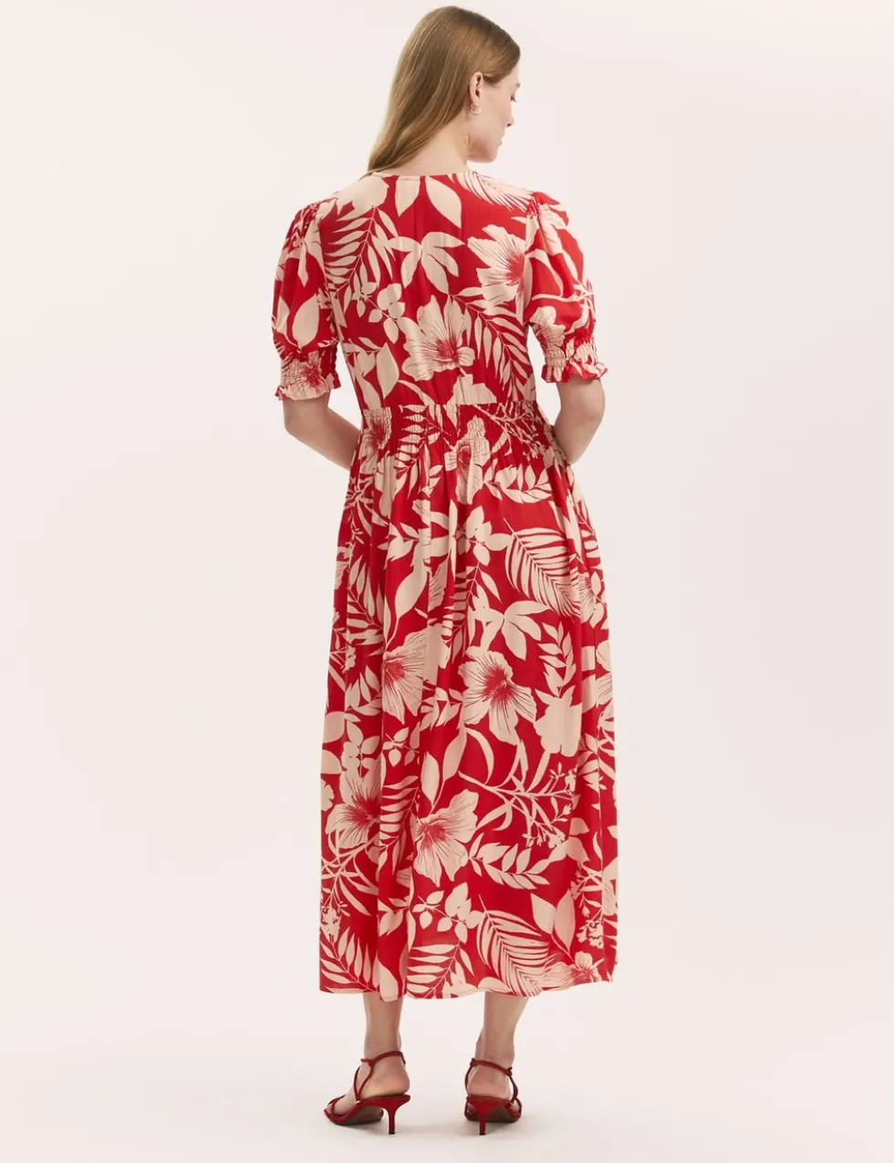 Floral V-Neck Puff Sleeve Midi Waisted Dress