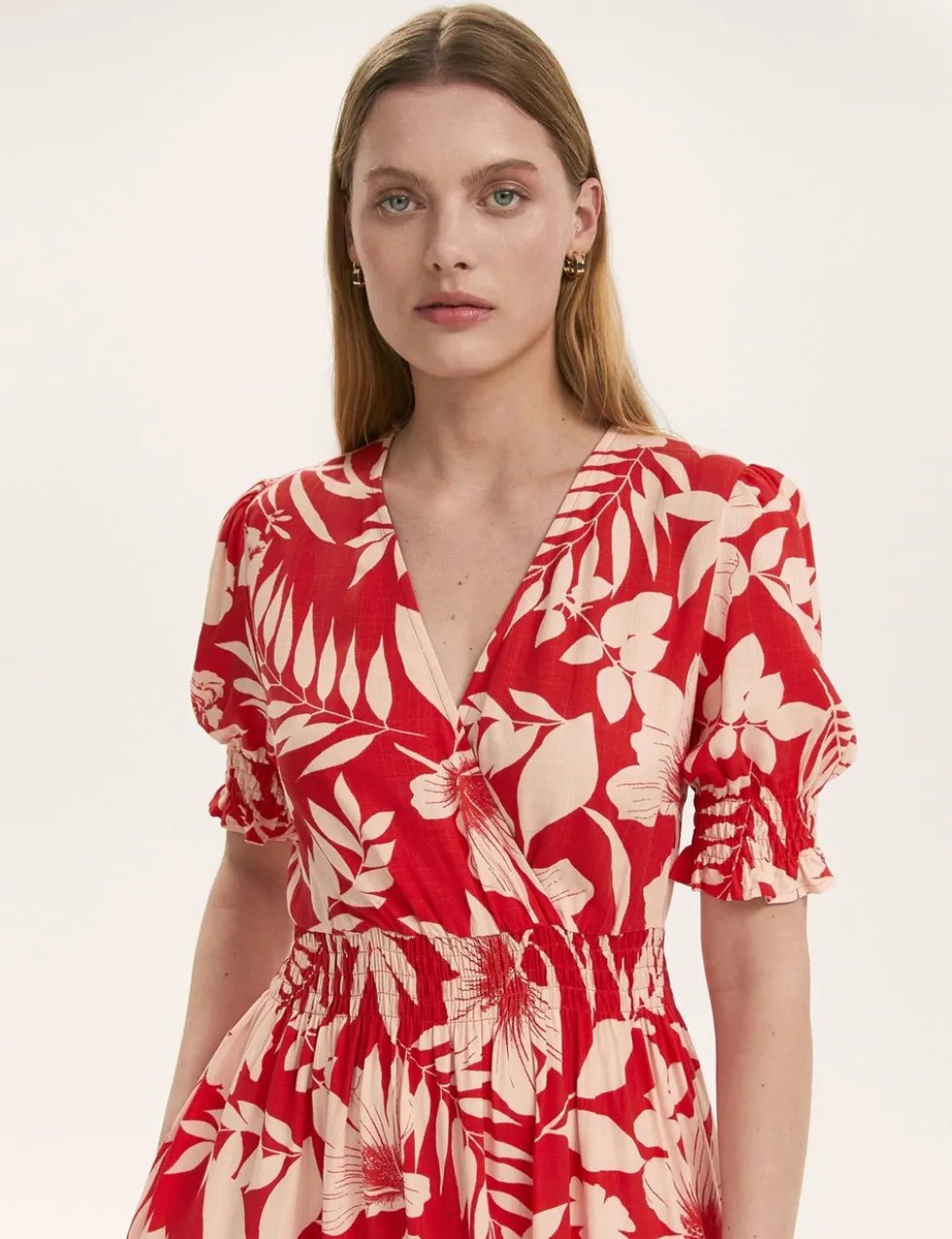 Floral V-Neck Puff Sleeve Midi Waisted Dress