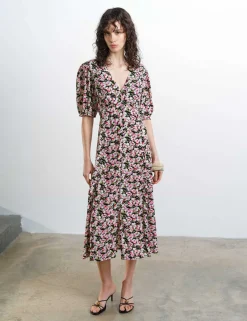 Floral V-Neck Puff Sleeve Midi Tea Dress