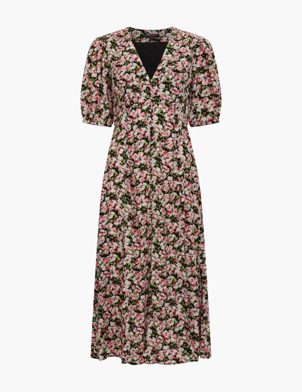 Floral V-Neck Puff Sleeve Midi Tea Dress