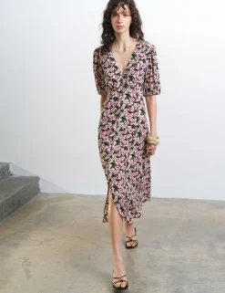 Floral V-Neck Puff Sleeve Midi Tea Dress